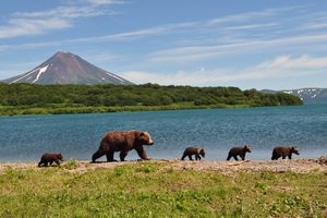 Kurile Lake. Volcanoes Gorely,  Avachinsky and Tolbachik